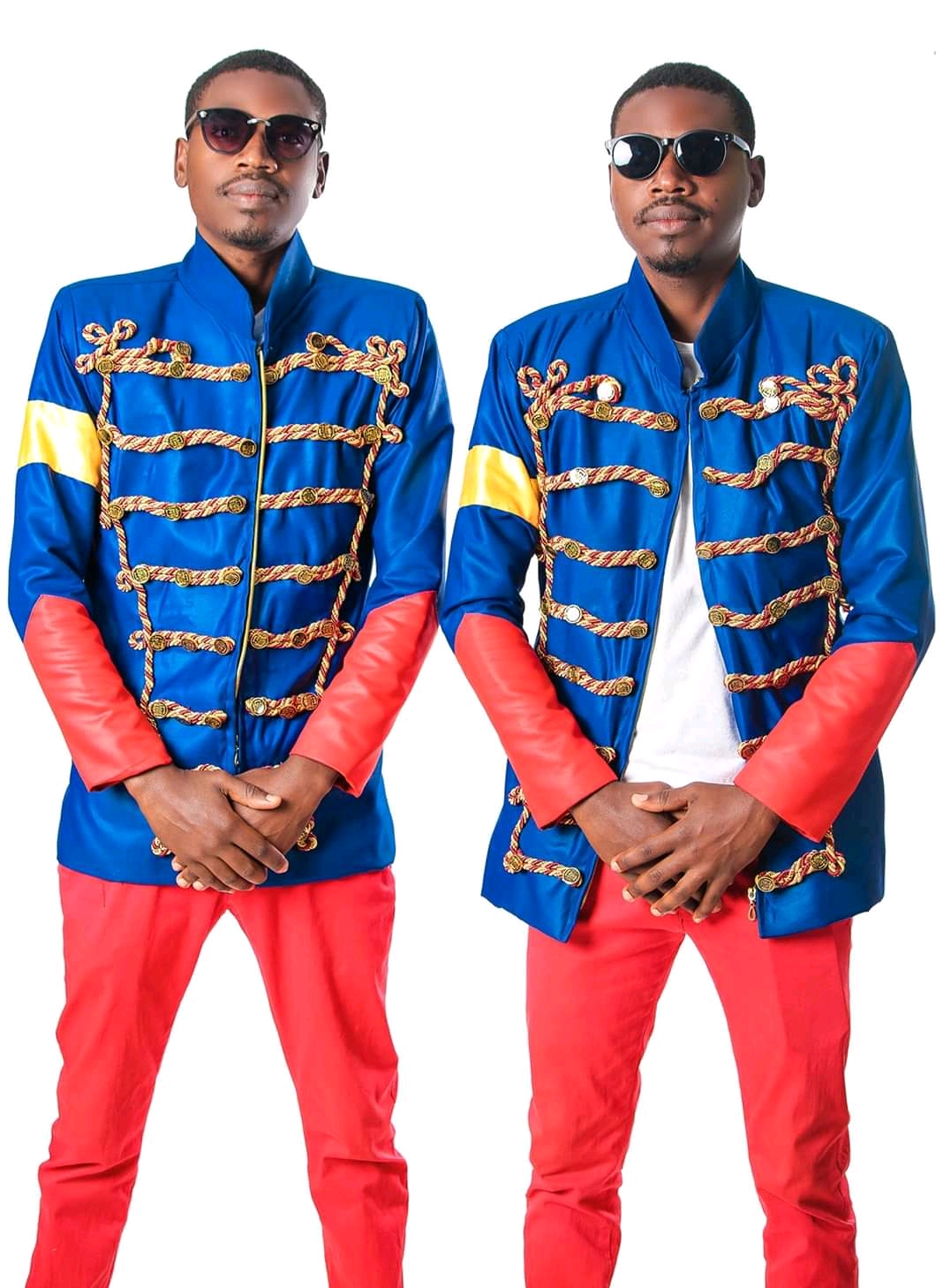Matching blue shirts and red trousers